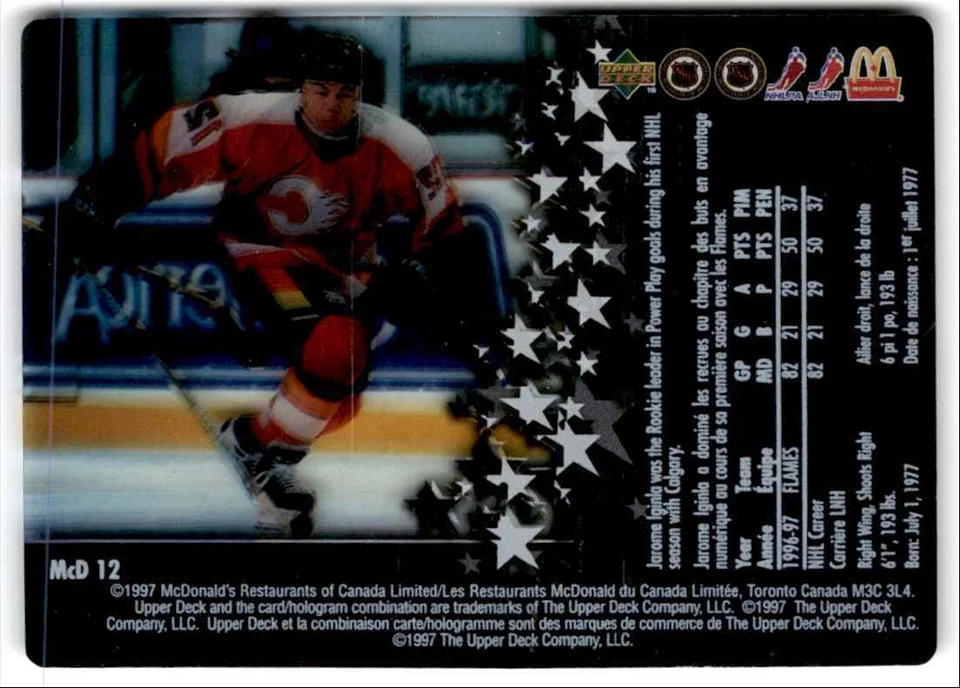 1998-99 Upper Deck McDonald's Jarome Iginla Calgary Flames #MCD 12 - Image 2 of 2