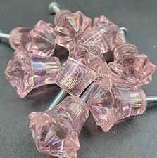 8 Pink Diamond Shaped Glass Knobs Drawer Cabinet Kitchen Handle Pull Opalescent 