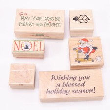 6 Lot Christmas Rubber Stamps Noel Holly Snowflakes Santa Merry Blessed Holiday