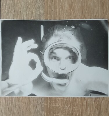 Diver Man Underwater Snapshot Ok signal Odd Portrait Scuba Gear Vtg Photo