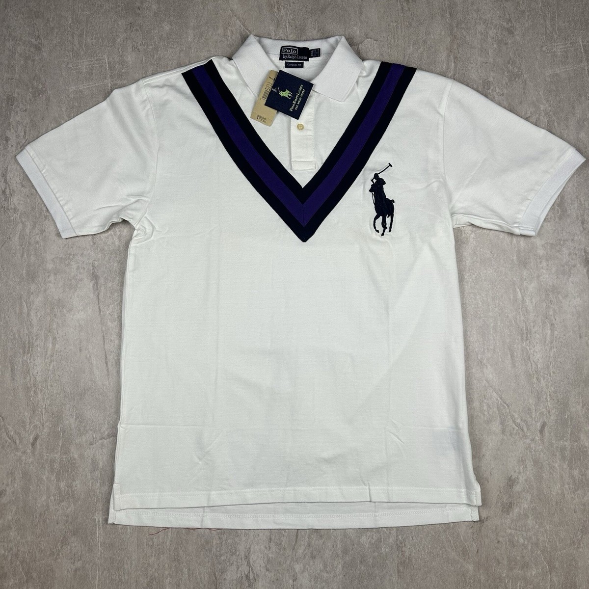 NWT Vintage Polo Ralph Lauren Shirt White Blue Navy Stripe V Men's