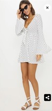 pretty little thing polka dot fluted sleeve tie detail dress uk14