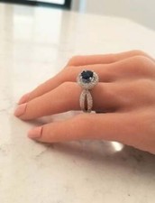 Royal Blue Round 2.17CT Sapphire With 1.59CT Pave White CZ Engagement Women Ring