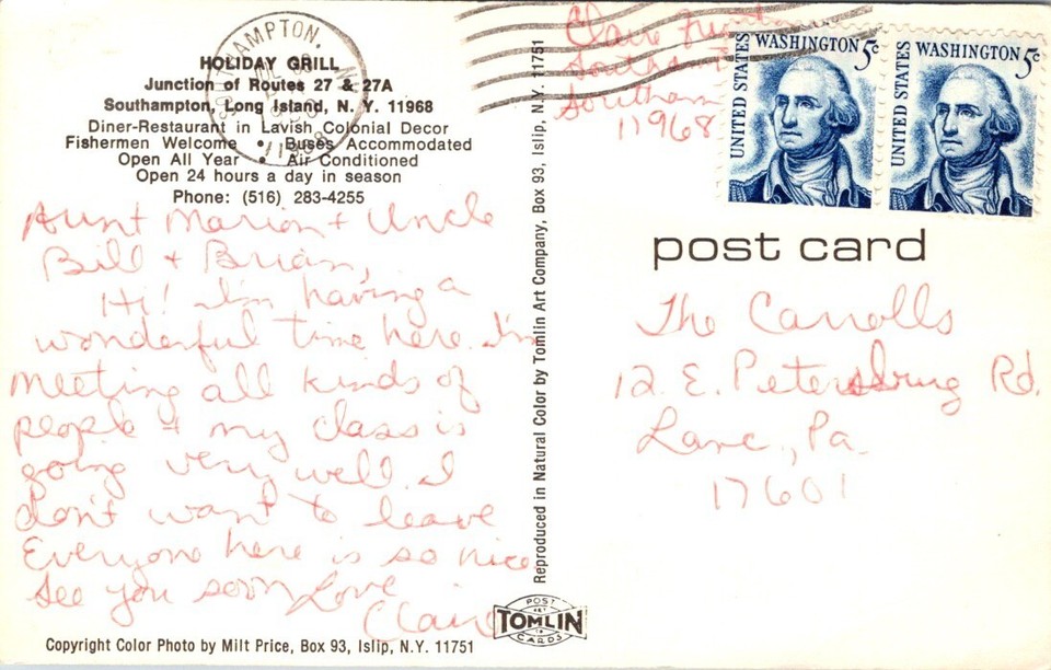 Vintage Postcard Holiday Grill Diner Restaurant Southampton Long Island