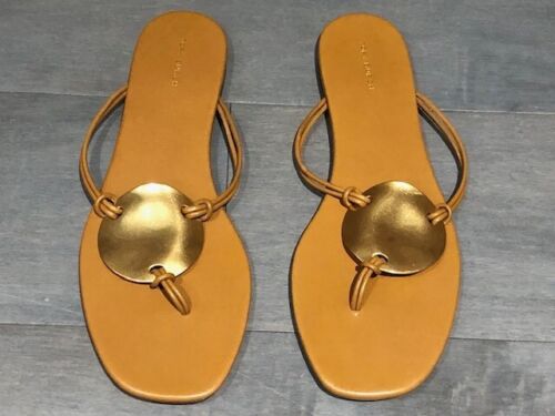 Authentic NEW Tory Burch Patos Flat Caramel Leather Brass Medallion Disk Size 11 - Picture 1 of 6