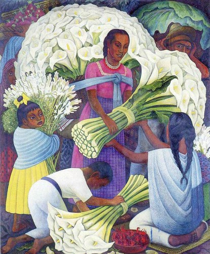 Peinture à l'huile Diego-Rivera-La-Fleur-Vendeur femme enfants Calla Lily toile art - Photo 1/1