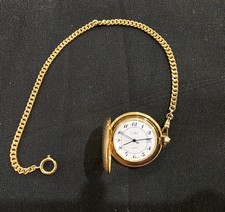 Colibri Quartz Full Hunter Gold Plated Pocket Watch w/ Chain Date, Engraved 1984