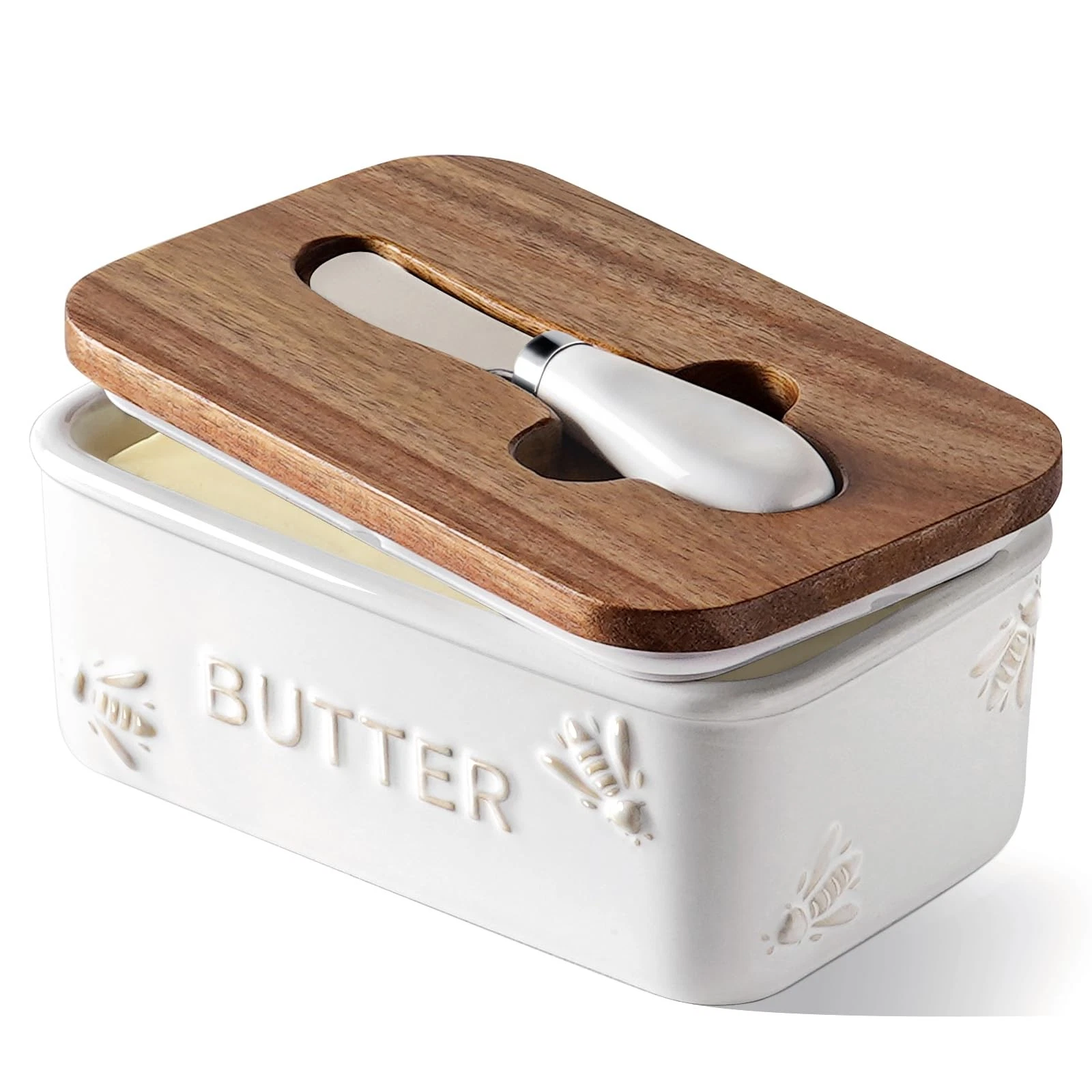 Butter Dish with Lid for Countertop, Ceramic Butter Container, Embossed Butte...