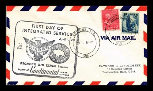 US COVER FIRST DAY INTEGRATED SERVICE CONTINENTAL PIONEER ABILENE TEXAS AIR MAIL