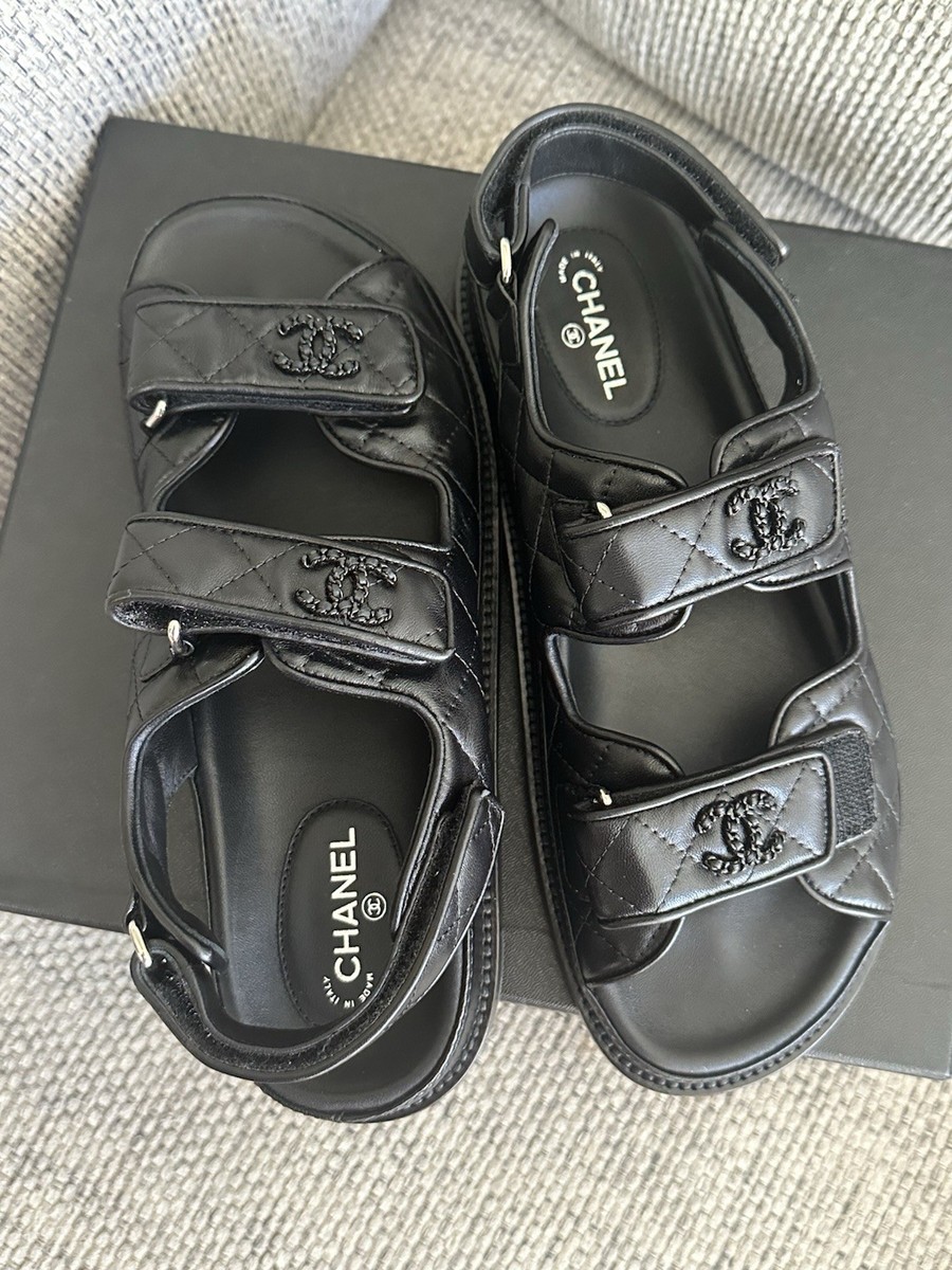 Size 40EU NEW CHANEL So Black Lambskin Quilted Dad Sandals G31848