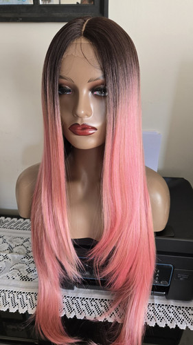 Ombre Pink Straight Long Hair Synthetic Lace Wig for Women Pink Straight wig