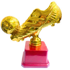 Golden Soccer Boot Trophy with Ball and Heavy Red Base  9 inches  