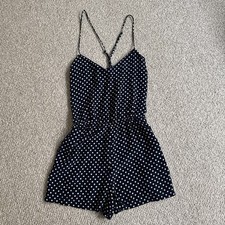 Zara Trafaluc Polka Dot Romper navy blue  white pockets Size S New