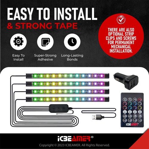 RGB LED Car Interior Strip Lights w/ Bluetooth App Connectivity for Easy Control - Picture 5 of 7