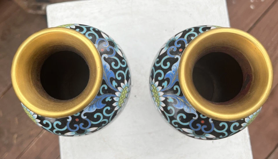 Par de jarrones botellas flores dinastía Quing bronce esmalte cloisonne de 8" antigua China Foto 2 de 4