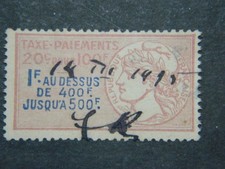Vignette timbre fiscal Taxe paiements 1 franc au dessus de 400 francs