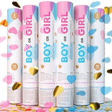 Gender Reveal Gold Heart Shaped Confetti Cannons  6 Pack  3 Blue and 3 Pink...