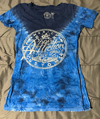 Affliction Women s S Blue Tie-Dye V-Neck Short Sleeve Skull Logo Graphic Tee
