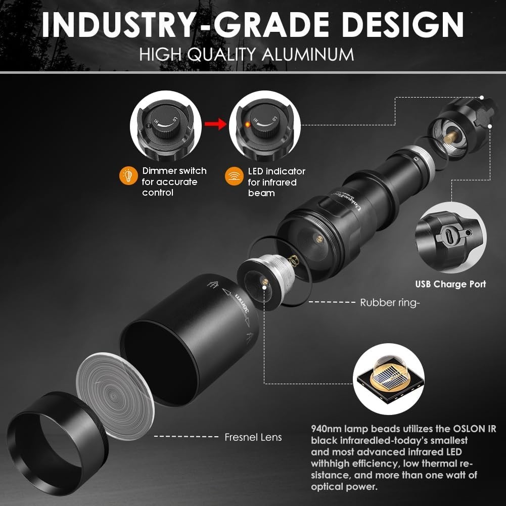 Upgrade 1605n T38 IR 940nm Illuminator Led Infrared USB Rechargeable Flashlight