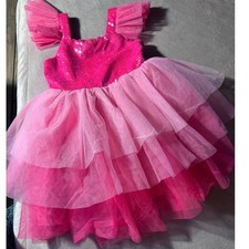 KaQinini Girls Pink Sequin Tulle Party Dress Size 6Y Flutter Sleeve Formal Gown