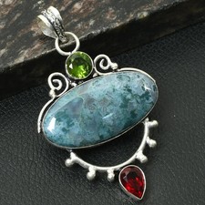 Moss Agate Garnet Gemstone Ethnic Handmade Pendant Jewelry Gift 2.6