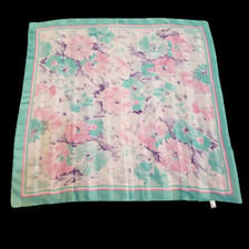 Vintage Scarf Unbranded Made in Italy 100 Polyester Teal Pink Floral 30"x30" MD
