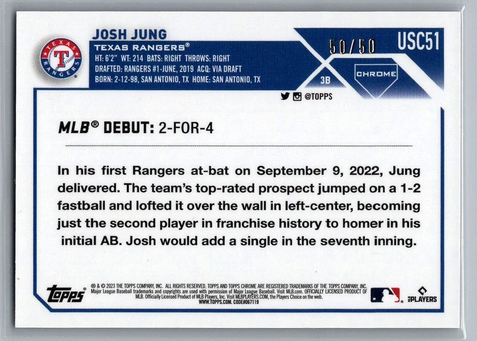 2023 Topps Chrome US Josh Jung #USC51 Gold Mini-Diamond Refractor /50 (RC) - Image 2 of 2