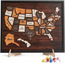 Wooden USA Travel Map Puzzle with Push Pins, 12 X 10 Inch States Visited Tracker
