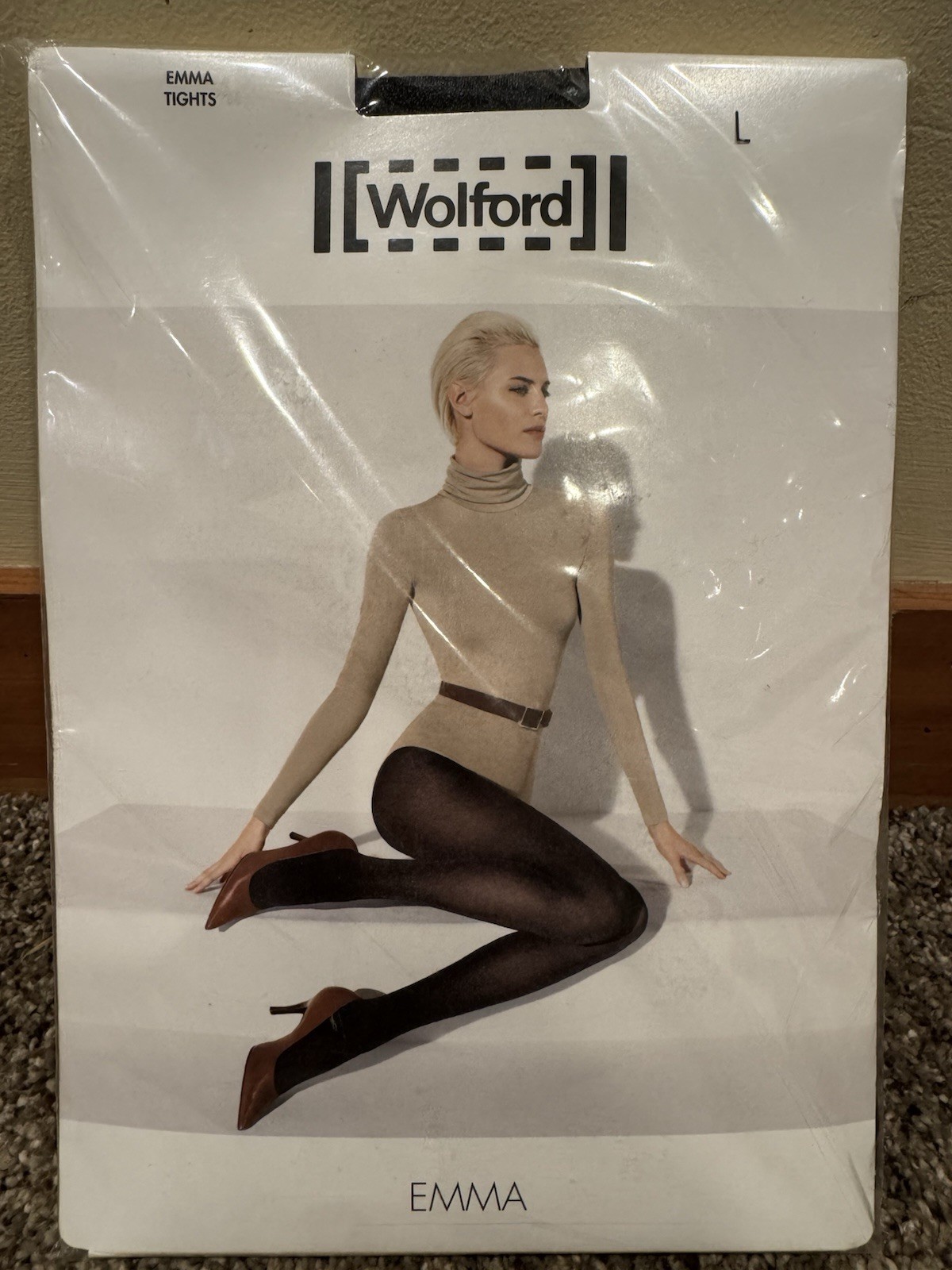 WOLFORD EMMA TIGHTS PANTYHOSE BLACK/ASH SIZE LARGE 14430 NIP $58
