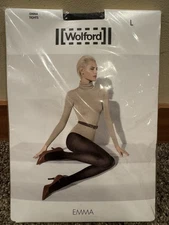 WOLFORD EMMA TIGHTS PANTYHOSE BLACK/ASH SIZE LARGE 14430 NIP $58