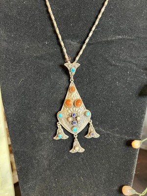 Vintage 925 Silver Gold Sandstone Quartz Labradorite, Turquoise Pendant Necklace