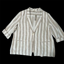 NWT Chicos Blazer Womens 4 US 20 Neutral Striped Linen Pockets Button Up 3/4 Slv
