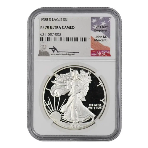 1988-S American Silver Eagle NGC PF-70 ULTRA CAMEO Mercanti Signed