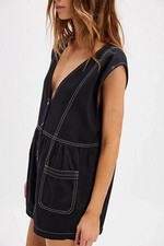 Free People Declan Romper Black V Neck Button Pocket Sleeveless Stitching M NEW
