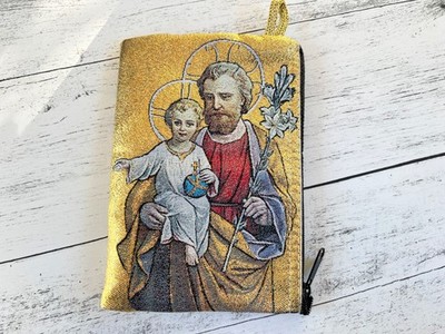 St. Joseph Woven Tapestry Rosary Pouch Zippered Coin purse 5 1/2'' x 3 3/4''