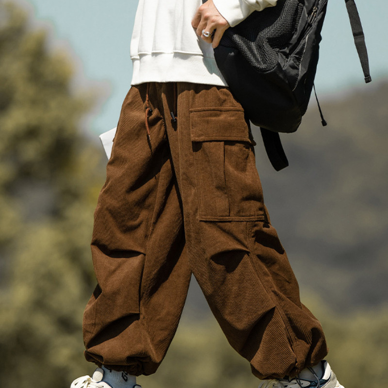 Corduroy Cargo Pants Mens Casual Overalls Straight Wide Leg