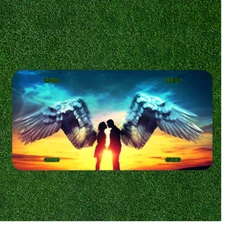 Custom Personalized License Plate Tag With Angel Wings Couple Kissing Sunset