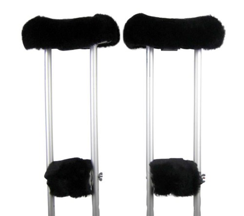 Black Sheepskin Crutch Covers Underarm & Hand Grip Pad 4pc Medical Wool Set - Picture 6 of 6