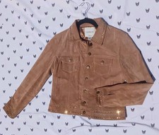 Women's Harold’s Tan Leather Jacket W/beaded Trim Size Medium