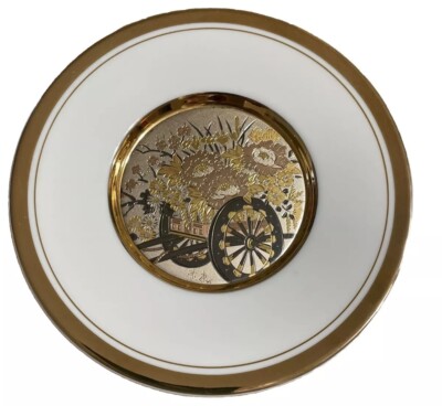 Chokin Art Plate 24KT Gold Gild Flowers In Garden Cart Gold Silver Japan 6''
