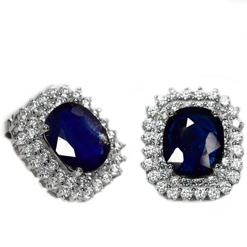 925 STERLING SILVER NATURAL BLUE SAPPHIRE OVAL GEMSTONE & WHITE CZ EARRING - Picture 5 of 6