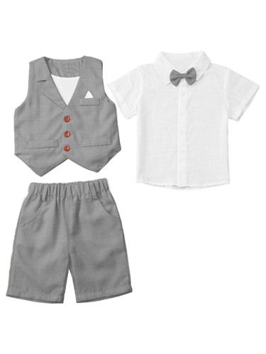 Baby Boys Gentleman Suits Formal Bow Tie Shirt + Shorts + Vest for Wedding Party - Picture 7 of 51