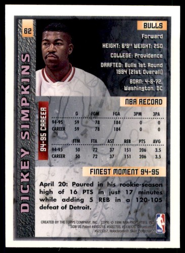 1995-96 Finest w/coating Dickey Simpkins #62 # Chicago Bulls - Picture 2 of 2