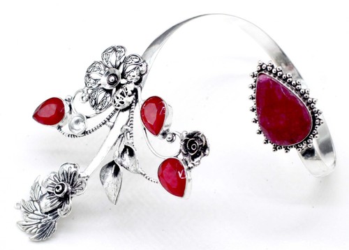 925 Sterling Silver Pink Ruby Gemstone Handmade Jewelry Cuff Bracelet Size-ADJ" - Picture 1 of 8