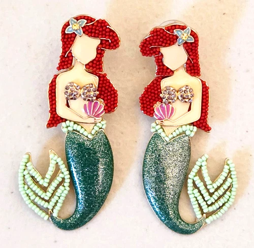Disney Baublebar The Little Mermaid ARIEL Beaded Earrings RARE 2.5"