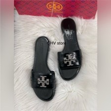 Tory Burch Everly Crystal Logo Light Weight Calf Leather Gold Slide Sandals