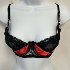 Vintage Frederick's of Hollywood 36C Red Satin Black Lace Bra Risque Balconette