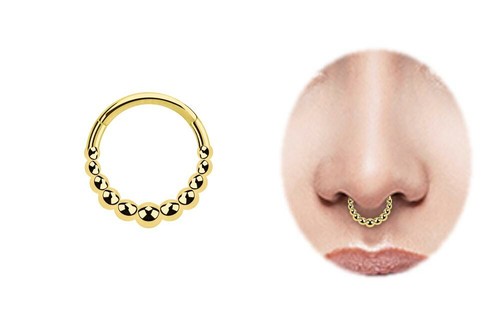 Septum Tragus Piercing Ring vergoldet mit Clicker Scharnier und Kranz aus Kugeln - Bild 3 von 5