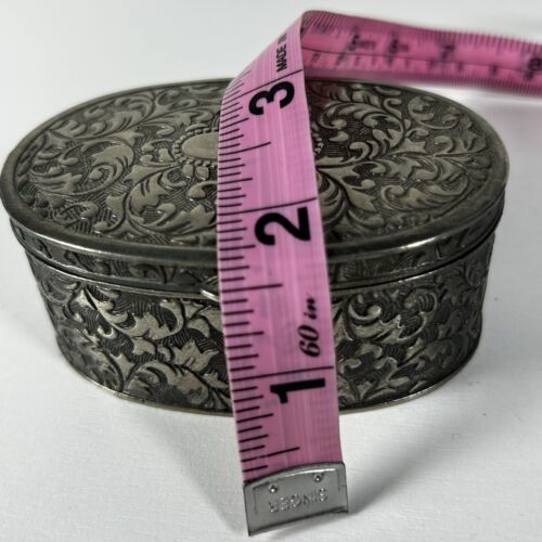 Embossed Silver Plate Vintage Oval Hinged Trinket Box Mid Century Velvet Lined - Picture 6 of 8