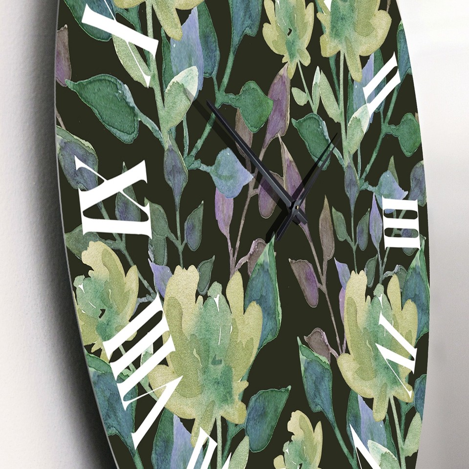 Designart 'Light Green Botanicals On Dark Green' Traditional wall clock